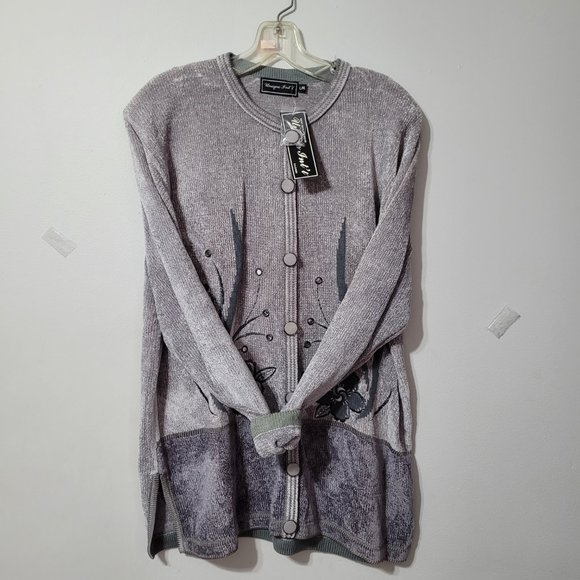 Vintage chenille beaded pullover cardigan sweater, grey, L to XL - Picture 2 of 7